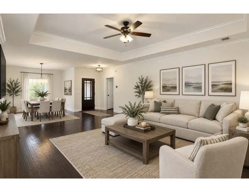 * Digitally Staged*Rich hardwood flooring anchors the open-plan layout, framed by crown molding and recessed ceiling details.