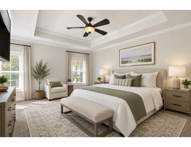 Crown molding frames a tray ceiling above classic neutral walls and cozy carpeted flooring.