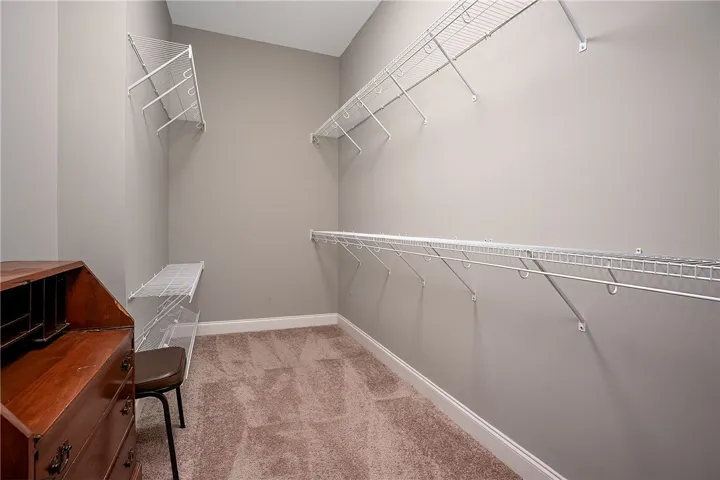 Ample wire shelving lines this functional space with wall-to-wall carpeting and neutral-toned walls.
