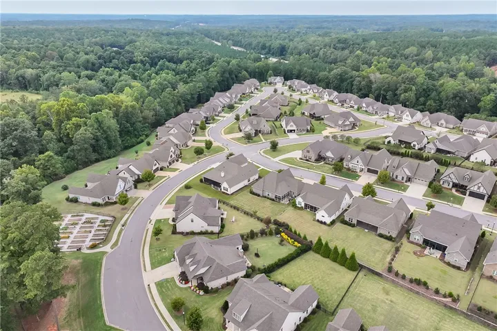 An aerial perspective showcases a quiet residential neighborhood nestled against a dense forest backdrop.