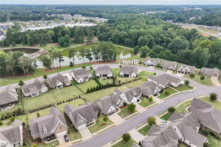An aerial perspective showcases a manicured neighborhood bordered by lush woodlands and tranquil water features.