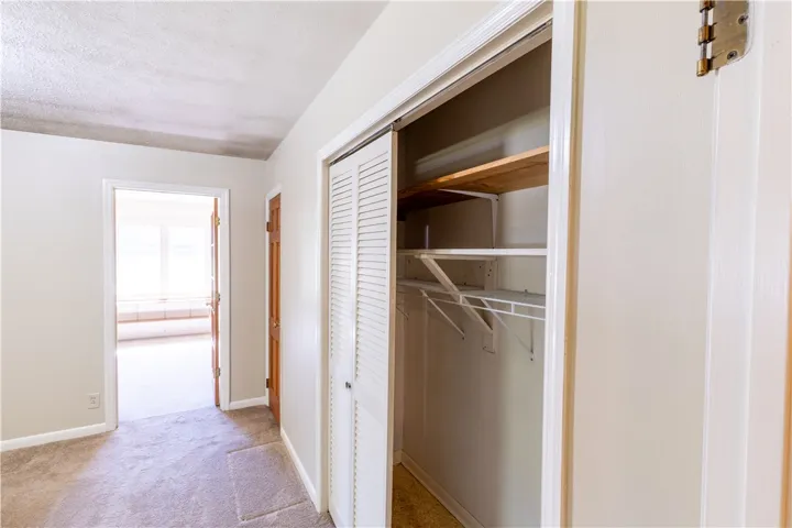 A hallway features plush carpeting and a storage closet with built-in shelving.