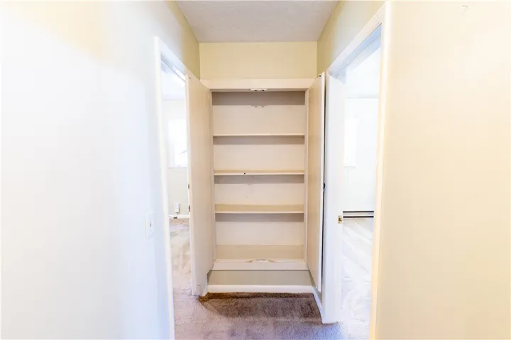 Built-in shelving units offer convenient storage options within this functional hallway layout.