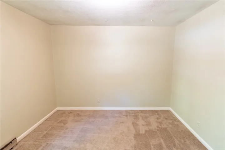A versatile empty room features neutral carpeting and crisp white baseboard trim throughout.