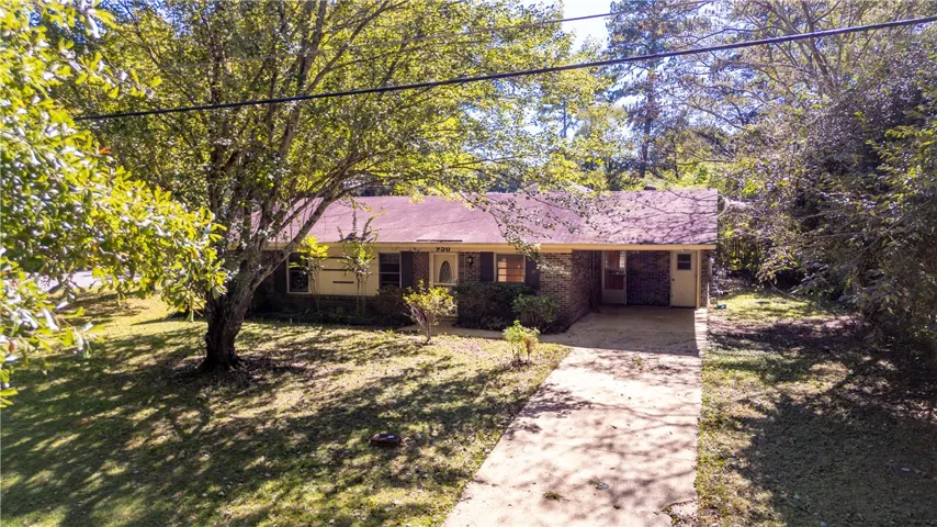 Mature trees shade a single-story brick home featuring an integrated carport and concrete driveway.