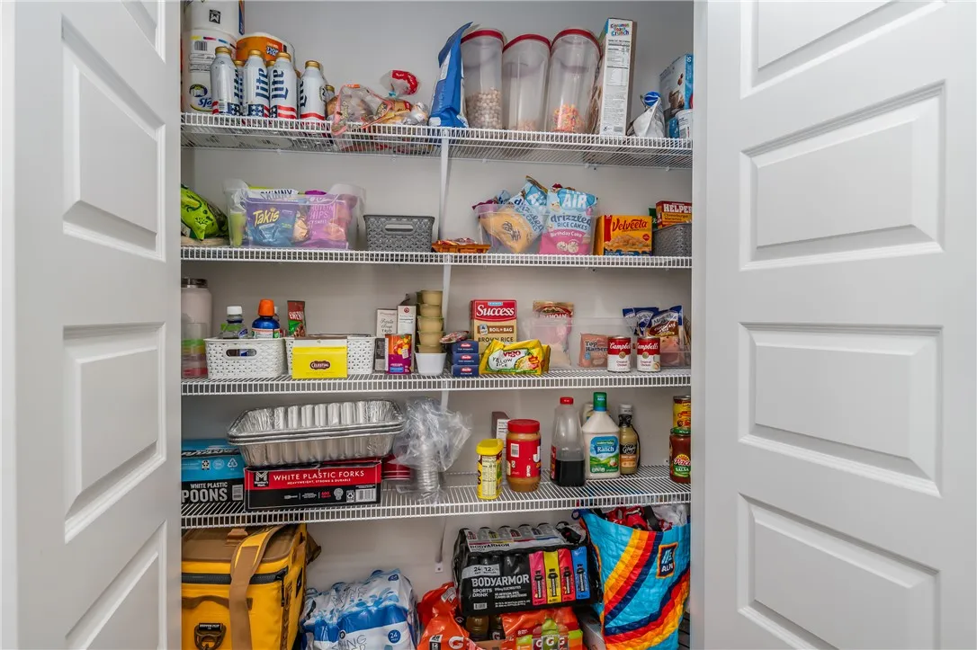 An organized storage pantry features multiple tiers of wire shelving behind classic paneled doors.