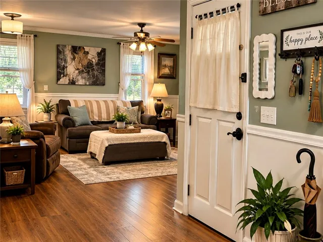 Rich LVP flooring and classic wainscoting define this welcoming entryway opening directly to the living area.