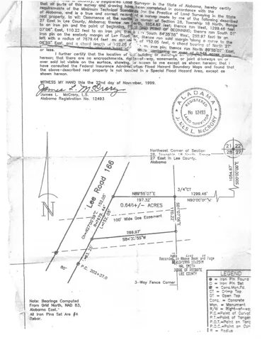 A detailed surveyor plat map outlining property dimensions, easement locations, and boundaries.
