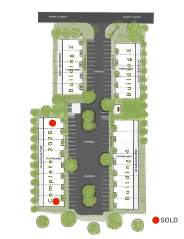 An illustrated site map details the neighborhood layout and planned residential parking areas.