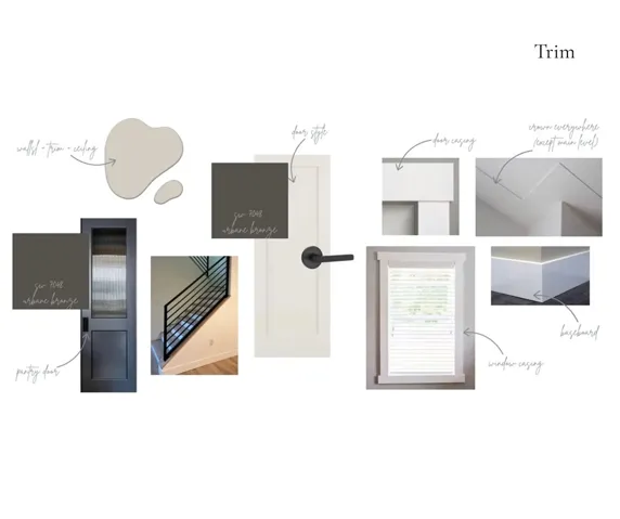 A curated design mood board showcasing elegant trim options, custom molding details, and rich paint selections.