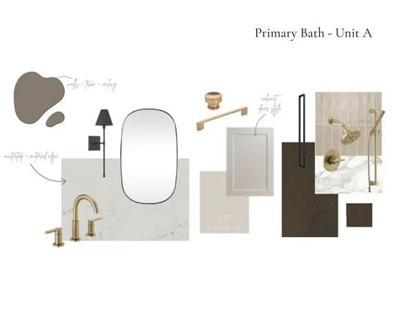 Thoughtfully curated design board showcases premium finishes selected for the primary bathroom.
