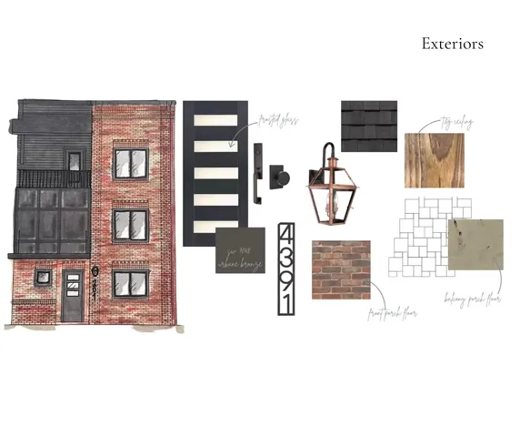 A curated design concept highlights classic brick and modern dark finishes for the exterior.