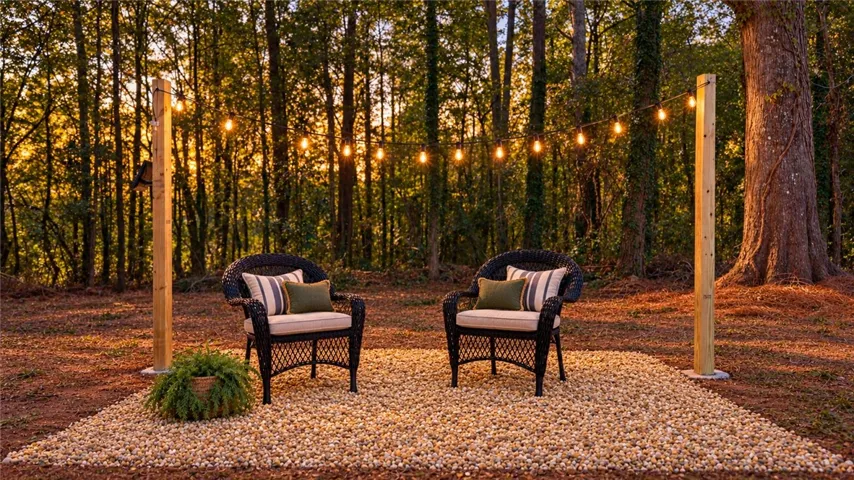 Towering trees provide a serene natural backdrop for this gravel patio space to enjoy the outdoors! (has been spruced up by AI after storm)
