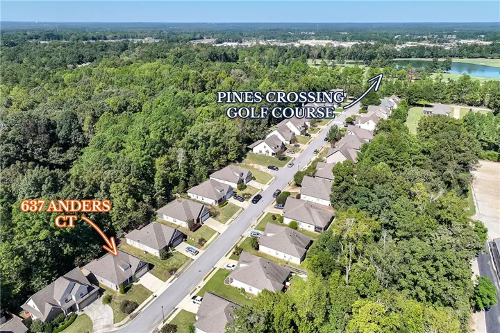 An aerial perspective showcases the tranquil neighborhood layout and proximity to the nearby golf course.