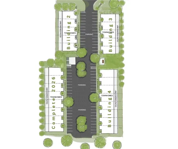 An illustrated site plan details the multi-building townhome community layout and parking distribution.