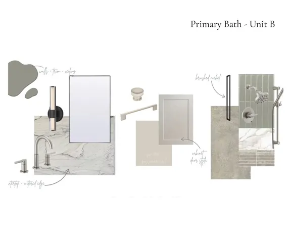 A curated design board showcases premium natural stone finishes and elegant brushed nickel fixtures.