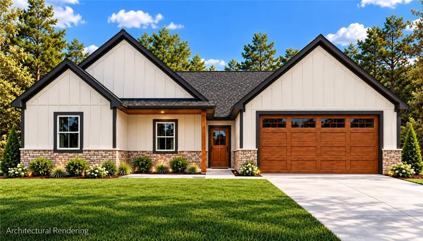 Board and batten siding meets rustic stone accents in this modern craftsman design.