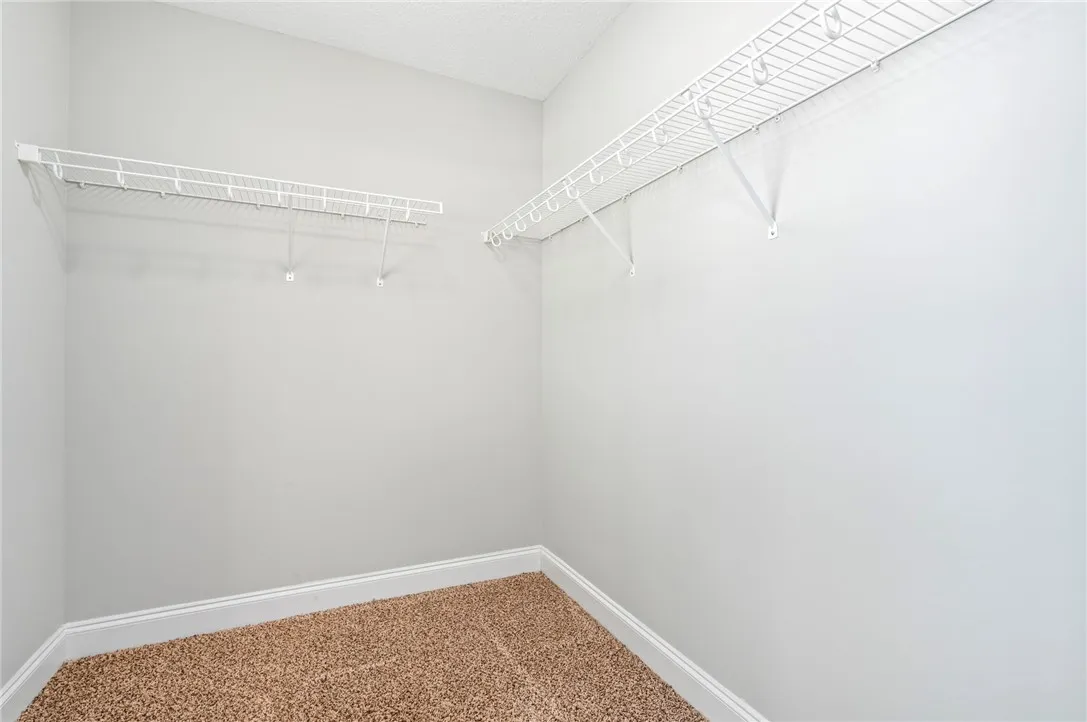 A spacious walk-in closet features built-in wire shelving and plush neutral carpeting.