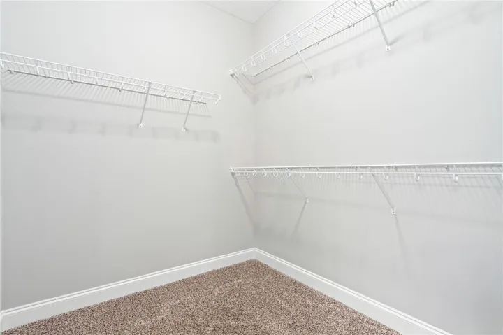 Ample wire shelving and plush carpeting maximize utility in this organized storage space.