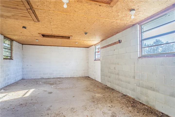 Exposed concrete block walls define this unfinished lower-level storage area with raw wood ceilings.