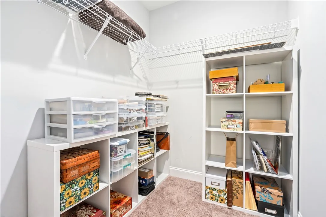 Ample storage potential awaits in this walk-in closet featuring wire shelving and carpet flooring.
