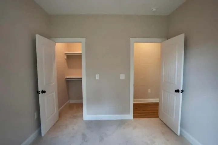 Plush carpeted floors and clean trim frame the entrance to dual storage spaces.