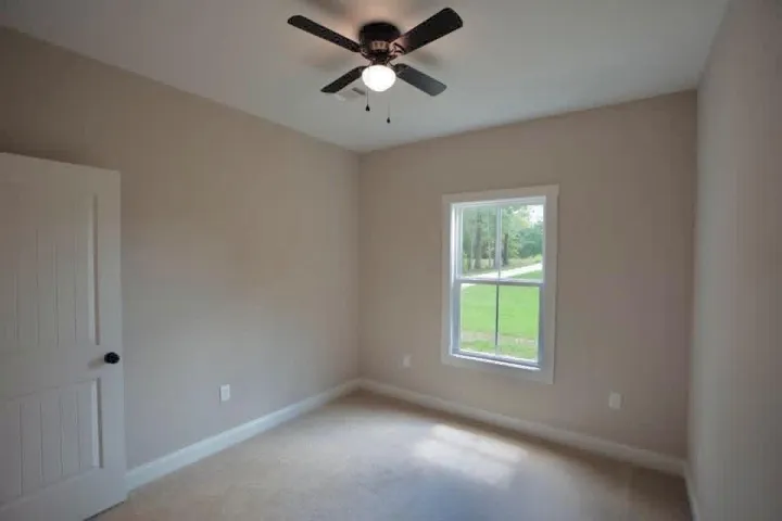 A single double-hung window framing serene outdoor views highlights this carpeted bedroom.