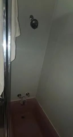 A classic shower and tub combination provides functional utility.