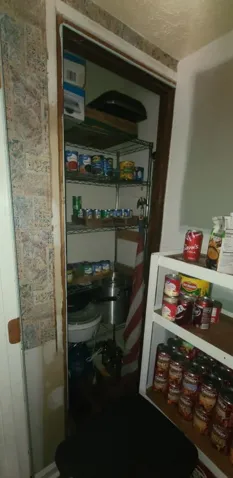 A dedicated walk-in storage pantry offers extensive shelving for household organization.