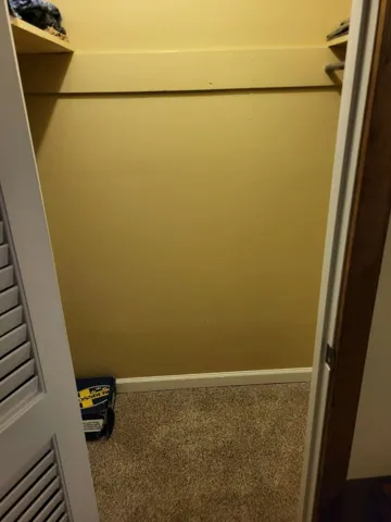 Functional storage space features built-in shelving, overhead hanging rods, and soft carpeting underfoot.