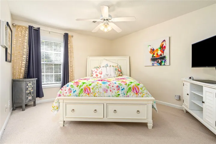 Plush carpeting and abundant natural light create a welcoming atmosphere in this comfortable bedroom.