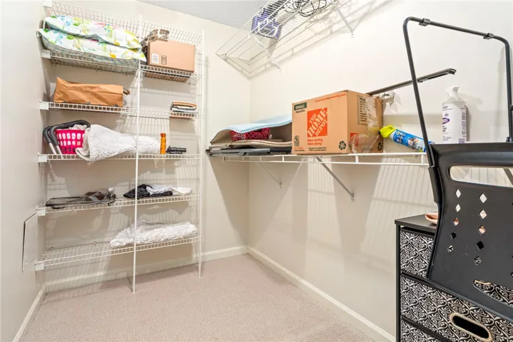 A spacious walk-in closet features built-in wire shelving and soft carpet underfoot.