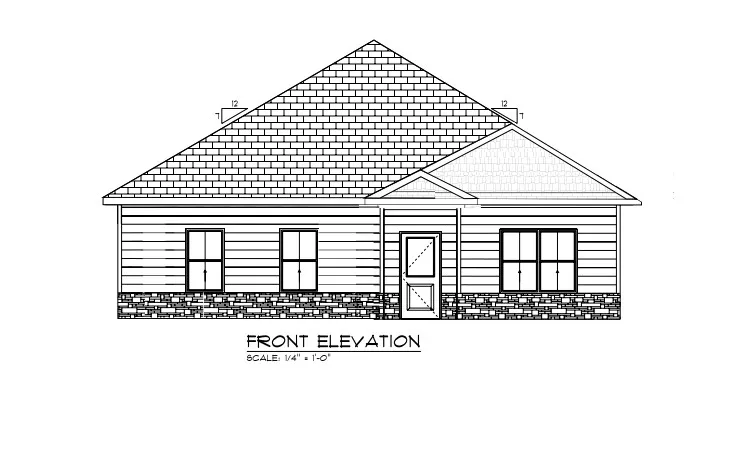 Architectural drawing showcasing the proposed front elevation design of a single-story home.