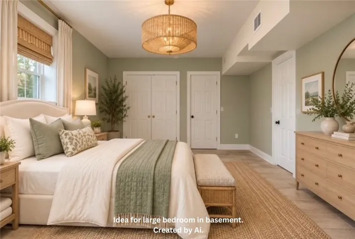 Hardwood floors and classic moldings enrich this comfortable basement bedroom retreat.