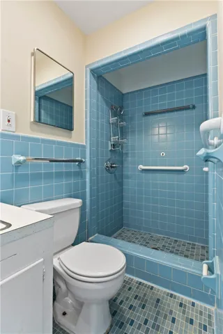 A walk-in tiled shower is paired with classic blue tile details.