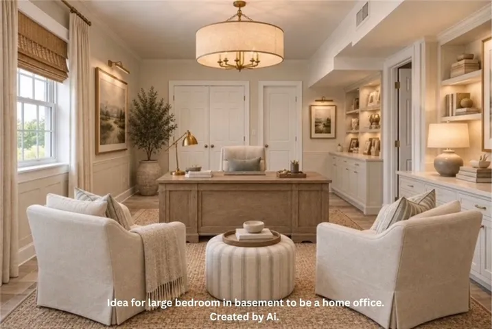 Custom built-in shelving, classic wainscoting, and warm hardwood flooring define this sophisticated workspace.