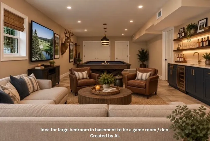 An inviting entertainment space features a full wet bar, recessed lighting, and tile flooring.