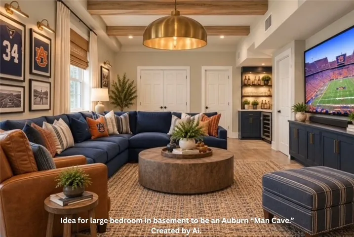 Exposed ceiling beams and built-in features define this inviting basement recreation space.