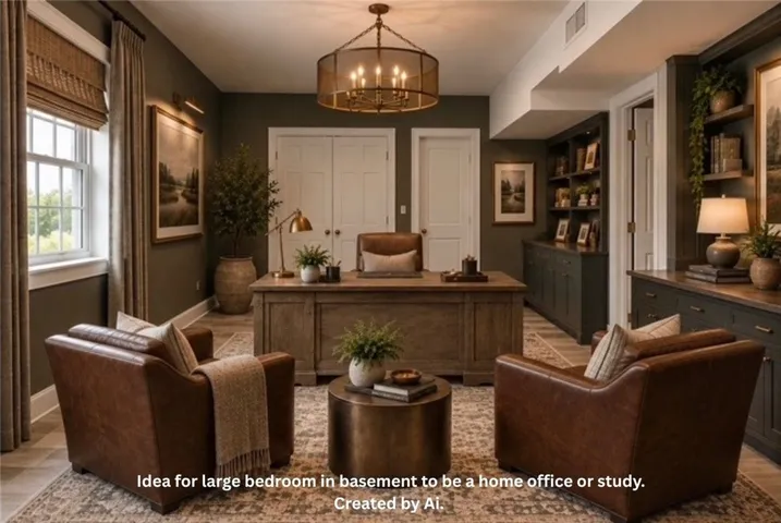 A handsome office space showcases built-in cabinetry, classic crown molding, and rich wood flooring.
