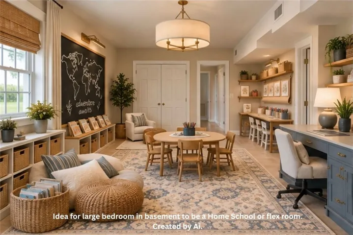Flexible basement design features recessed lighting, extensive built-in shelving, and warm wood flooring.
