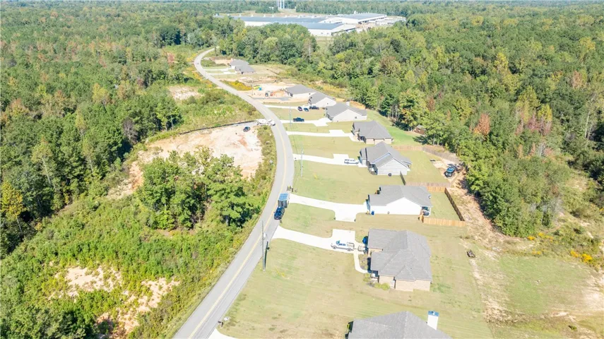 An aerial perspective shows a quiet suburban neighborhood surrounded by mature woodlands.