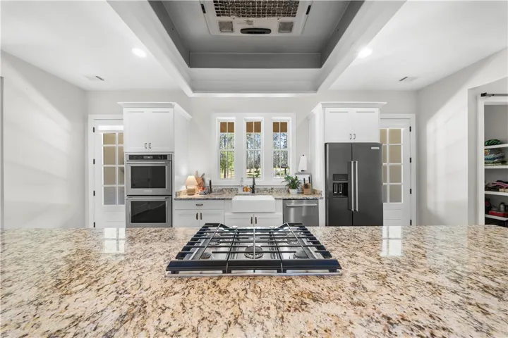 Gleaming granite countertops pair beautifully with high-end appliances in this modern kitchen.