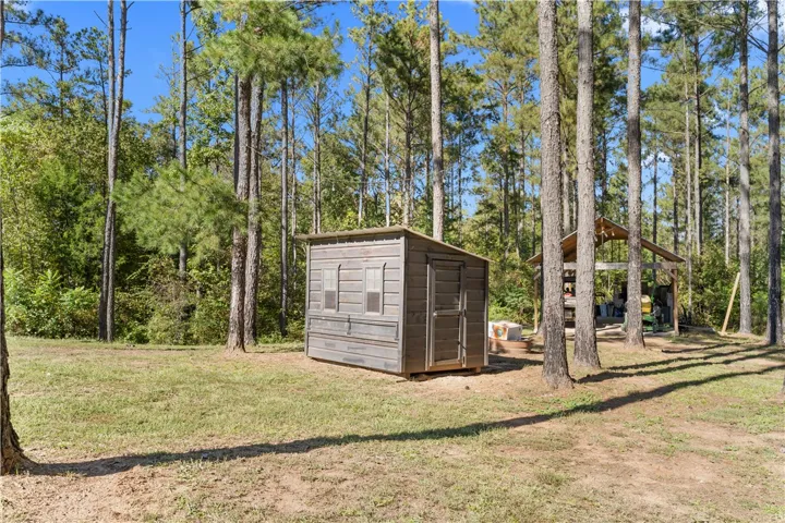 Towering pines frame a functional storage shed and covered outbuilding on this grassy lot.