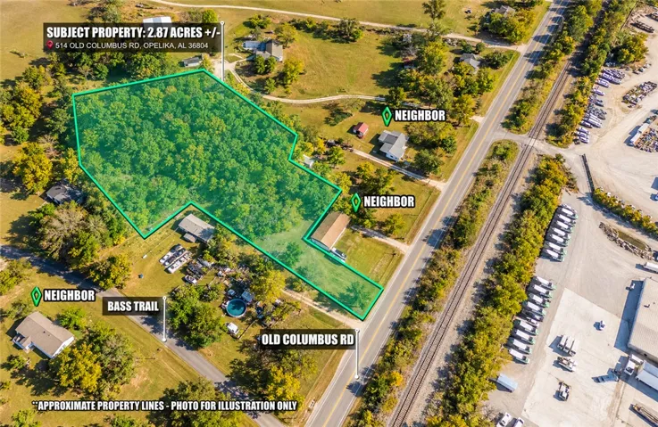 An aerial perspective showcases a wooded acreage parcel outlined alongside established country roadways.
