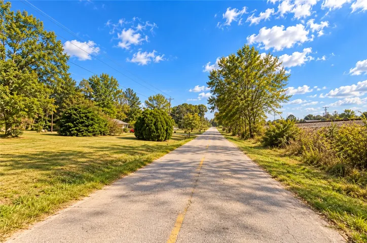 Mature trees flank a paved road leading through a peaceful rural landscape under blue skies.
