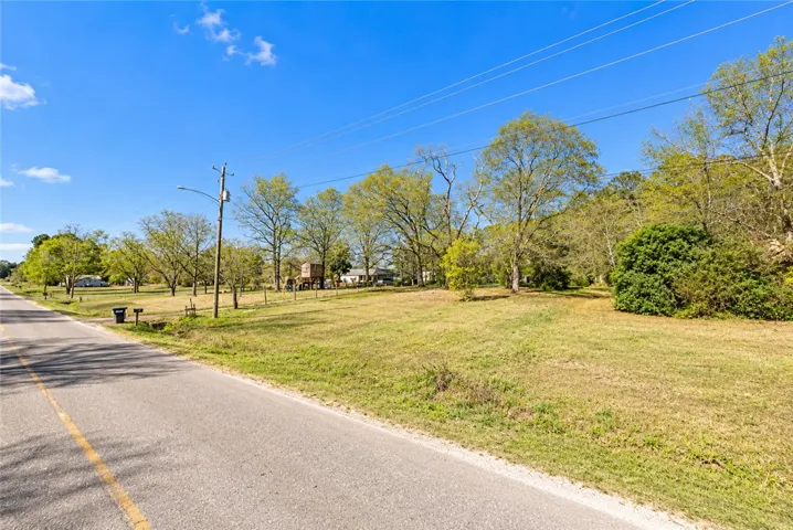 Mature trees frame a sprawling grassy lot adjacent to a paved country road.