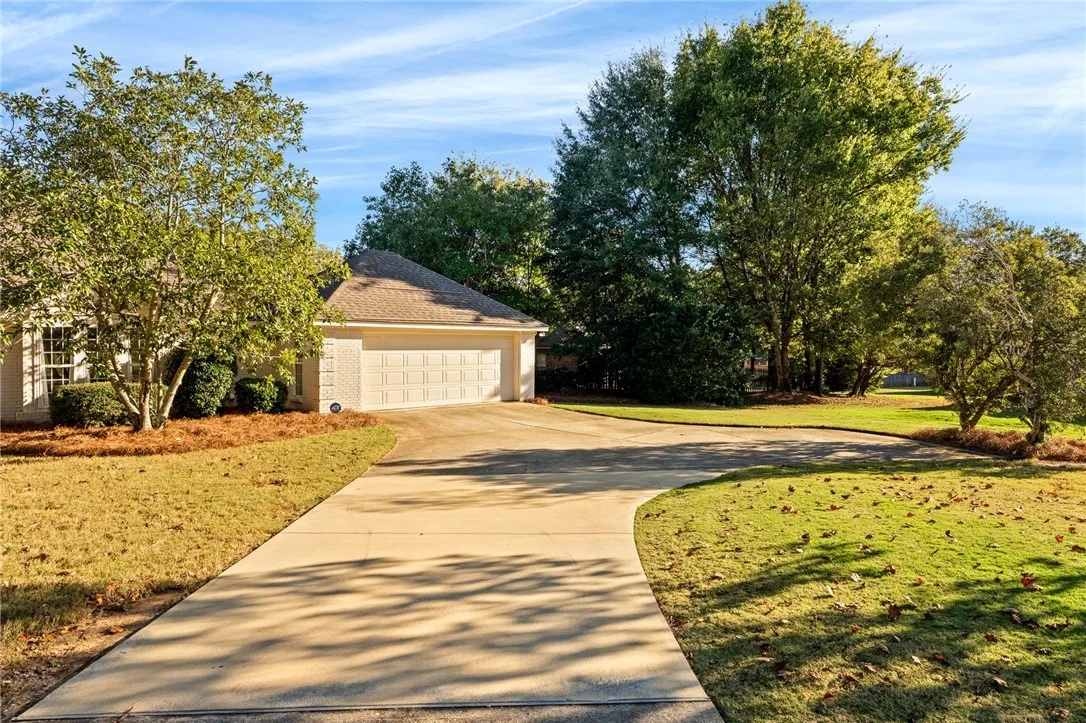 Mature trees frame the concrete driveway leading to a spacious multi-car garage.