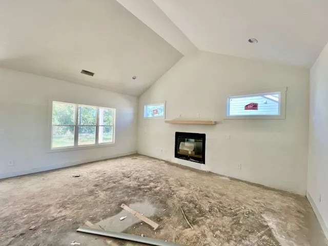 A modern fireplace anchors the living space underneath towering vaulted ceilings.