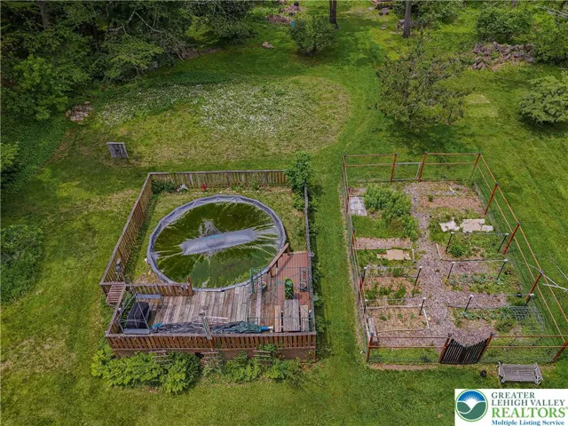 Aerial of back yard with pool and garden