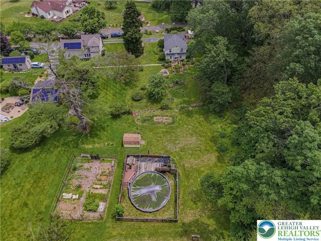Aerial of back yard with pool and garden